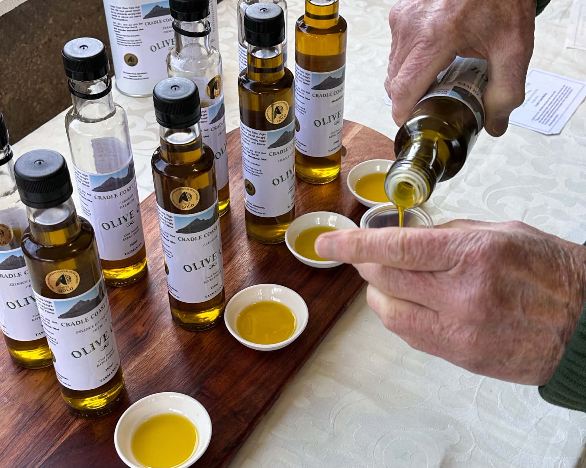 Extra virgin olive oil tasting at Cradle Coast Olives in Tasmania
