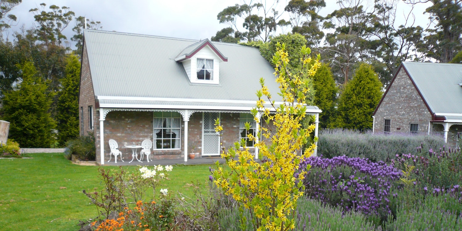 Charming brick cottage with a tin roof, surrounded by colourful gardens and lavender, set against a backdrop of tall trees.