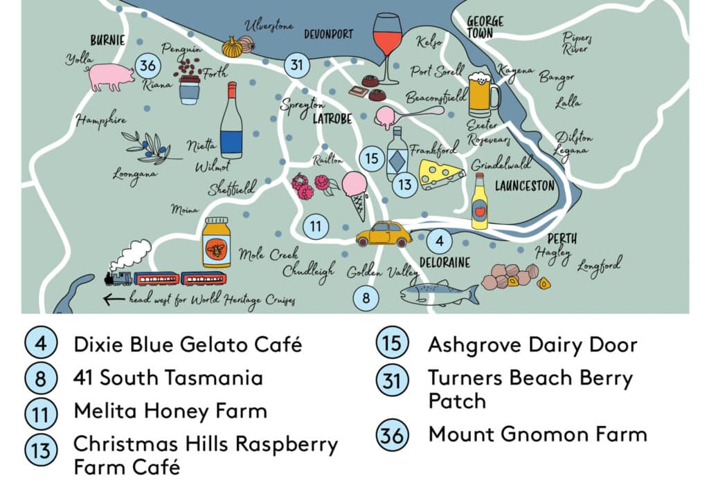Tasting Trail map graphic of the Family Fun mini trail. Under the map is a numbered list of producers.