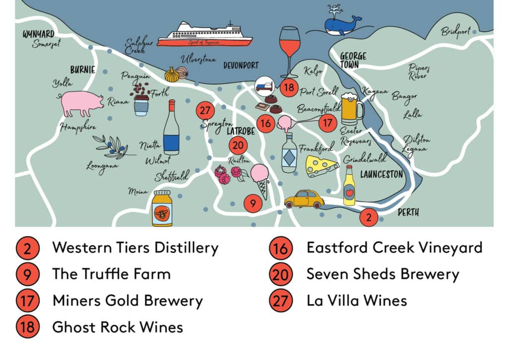 Tasting Trail map graphic of For the Grownups mini trail. Under the map is a numbered list of producers.