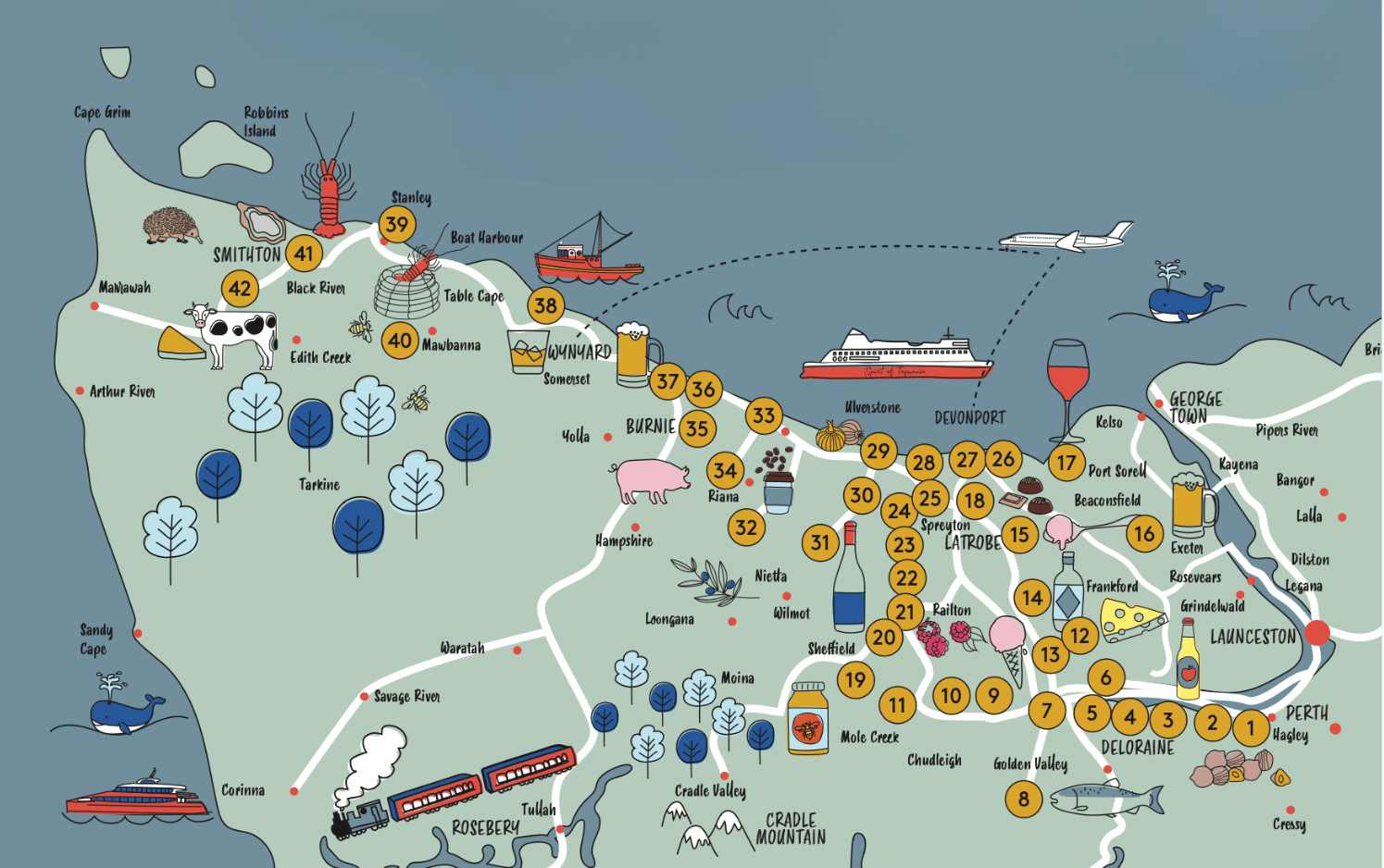 Tasting Trail Tasmania map showing food and drink producers across North West Tasmania