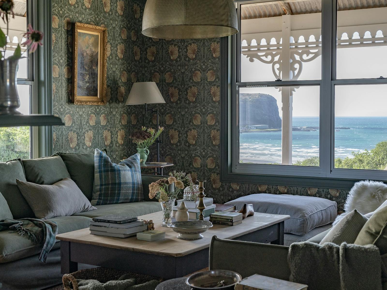 Heritage living room at Borradale Stanley with views towards The Nut and the coast