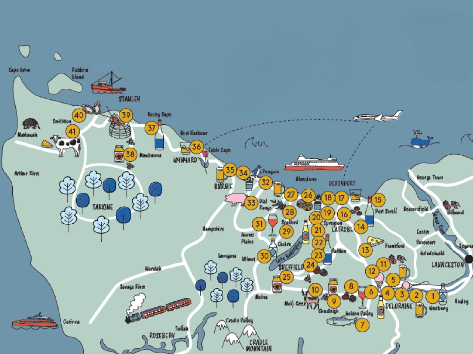 Alt: Tasting Trail Tasmania map showing food and drink producers across North West Tasmania